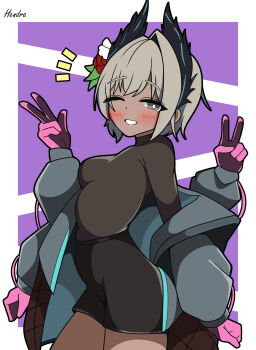 1girl absurdres arknights artist_name breasts commentary cowboy_shot dark-skinned_female dark_skin extra_arms flower gloves grey_eyes grey_hair grey_jacket grin hair_flower hair_ornament head_wings hendra highres jacket long_sleeves looking_at_viewer medium_breasts notice_lines one_eye_closed parted_lips pink_gloves purple_background raidian_(arknights) short_hair signature simple_background smile solo unusually_open_eyes v wings