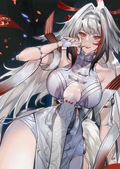 1girl absurdres animal_ear_fluff animal_ears armlet bare_shoulders black_hair breasts china_dress chinese_clothes collarbone commentary_request cowboy_shot dark_background dress droopy_ears gradient_hair hairband hand_up highres jewelry large_breasts long_hair looking_at_viewer multicolored_hair parted_lips red_eyes red_hair red_nails see-through_horns siiii_0s silver_armlet smile solo tail thick_thighs thighs very_long_hair white_dress white_hair white_hairband white_tail wide_hips ye_shunguang zenless_zone_zero