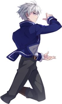 Rule 34 | 1boy, ankle boots, artist request, belt, belt buckle, blue jacket, blue sleeves, boots, brown belt, brown boots, buckle, collared jacket, frilled sleeves, frills, gold buckle, grey eyes, grey hair, grey pants, high collar, jacket, joshua von arnim, long sleeves, looking to the side, male focus, nexon, official art, open clothes, open jacket, pants, profile, second-party source, shirt, shirt tucked in, short hair, simple background, solo, tales weaver, transparent background, two-sided fabric, two-sided jacket, white shirt