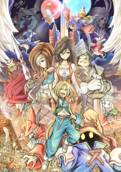 1other 5girls 6+boys adelbert_steiner amarant_coral animal ascot beard beatrix_(ff9) black_mage_(final_fantasy) blonde_hair blue_ascot blue_coat blue_hair blue_pants blue_skin blue_wrist_cuffs bodysuit bow brahne_raza_alexandros_xvi brown_gloves brown_hair building burmecian cat_tail chef_hat coat colored_skin cropped_vest crystal curly_hair dagger dreadlocks dual_wielding earrings eiko_carol everyone eyepatch facial_hair feather_hair_ornament feathers final_fantasy final_fantasy_ix freya_crescent garnet_til_alexandros_xvii gloves green_vest grey_hair gvdygdu hair_bow hair_ornament hair_over_eyes hand_up hands_on_headwear hat hat_feather helm helmet highres holding holding_animal holding_dagger holding_frog holding_knife holding_polearm holding_sword holding_weapon hoop_earrings horns jester_cap jewelry juliet_sleeves knife kuja long_hair long_sleeves mini_wings moogle mouse_girl multiple_boys multiple_girls neck_ribbon open_mouth orange_bodysuit outstretched_hand overalls pants parted_bangs pendant polearm puck_(ff9) puffy_sleeves quina_quen red_coat red_hair red_helmet red_sweater ribbon shirt single_horn sleeveless sleeveless_shirt smile sweater sword tail thorn_(ff9) tongue tongue_out vest vivi_ornitier weapon white_gloves white_shirt winged_helmet wings wizard_hat wrist_cuffs yellow_bow yellow_eyes yellow_overalls zidane_tribal zorn_(ff9)