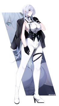 1girl absurdres black_choker black_corset black_jacket blue_eyes breasts brid_(nikke) brid_(silent_track)_(nikke) button_gap chest_harness choker closed_mouth collared_shirt commentary corset dress_shirt earrings english_commentary full_body gloves goddess_of_victory:_nikke hair_over_one_eye half_gloves harness high_heels highres holding holding_jacket holding_unworn_clothes hoop_earrings jacket jacket_on_shoulders jewelry kazuhitodesu large_breasts long_hair looking_to_the_side pants shirt sideboob sideless_shirt sleeveless sleeveless_shirt solo tight_clothes tight_pants unworn_jacket very_long_hair white_background white_hair white_pants white_shirt zoom_layer