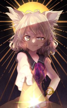 1girl black_background black_sailor_collar blonde_hair bracelet breasts collarbone collared_shirt commentary_request diffraction_spikes earmuffs fingernails foreshortening glint gold_bracelet halo halo_behind_head hand_on_own_hip jewelry looking_at_viewer one-hour_drawing_challenge oudondk pointy_hair purple_neckwear purple_ribbon ribbon ritual_baton sailor_collar shine shirt short_hair sleeveless sleeveless_shirt small_breasts smile smug solo sunburst sunburst_background touhou toyosatomimi_no_miko uneven_eyes upper_body wing_collar yellow_eyes