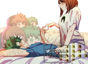 1boy 1girl bed boku_no_hero_academia brown_hair burn_scar commentary couple green_hair highres midoriya_izuku mu_1_2 multiple_scars on_bed scar scar_on_arm scar_on_face scar_on_hand smile spiked_hair uraraka_ochako