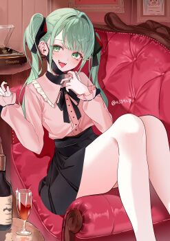 Rule 34 | 1girl, absurdres, black mask, black nails, black ribbon, black skirt, black undershirt, blouse, blunt bangs, bottle, commentary request, couch, cup, double-parted bangs, drinking glass, earrings, eyes visible through hair, fangs, fingernails, frilled shirt collar, frills, green eyes, green hair, hair between eyes, hair ribbon, hatsune miku, highres, indoors, jewelry, jirai kei, long sleeves, mask, mask pull, medium hair, mouth mask, nail polish, neck ribbon, on couch, pink shirt, ribbon, ring, shirt, sidelocks, signature, sitting, skirt, solo, tongue, tongue out, twintails, undershirt, vampire (vocaloid), vocaloid, wine bottle, wine glass, yomi 46neko