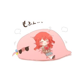 1girl :d blush bocchi_the_rock! bow bowtie brown_shirt brown_shoes chibi chibi_only closed_eyes commentary_request cube_hair_ornament full_body gotoh_hitori gotoh_hitori_(tsuchinoko) grey_skirt hair_ornament kita_ikuyo long_hair long_sleeves one_side_up open_mouth pleated_skirt rebecca_(keinelove) red_bow red_bowtie red_hair sailor_collar school_uniform shirt shoes shuka_high_school_uniform simple_background skirt smile socks standing white_background white_sailor_collar white_socks