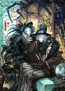 animal arthropod_girl ascot black_hat blue_eyes blue_hair branch bug flower fur_trim globe hat hat_feather hat_ornament highres indoors insect_girl long_hair long_sleeves looking_to_the_side multicolored_hair open_mouth original ringlets sidelocks sitting spider spider_girl streaked_hair teeth tongue vase white_ascot white_flower wide_sleeves yellow_flower zi_yin