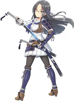 1girl armor black_hair black_pantyhose braid breasts brown_shoes closed_mouth floating_hair frown full_body game_cg grey_eyes high_heels highres holding holding_sword holding_weapon japanese_armor katana kote kujo_kaede kusazuri large_breasts long_hair long_sleeves looking_at_viewer miniskirt non-web_source official_art ongeki pantyhose pleated_skirt sailor_collar school_uniform serafuku sheath shirt shoes side_braid simple_background single_braid single_sode skirt solo split_mouth suneate sword tekko transparent_background underbust unsheathing v-shaped_eyebrows weapon white_sailor_collar white_serafuku white_shirt white_skirt