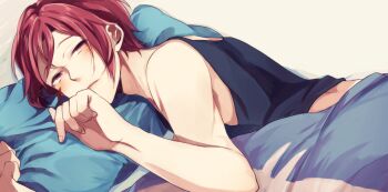 1boy bed_sheet black_tank_top commentary_request fingernails free! looking_at_viewer lying male_focus matsuoka_rin mukkun on_side parted_lips pillow red_eyes red_hair sharp_teeth short_hair solo tank_top teeth waking_up