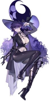 1girl adjusting_clothes adjusting_headwear arbiter_the_magician_i_(azur_lane) armored_boots artist_request asymmetrical_footwear azur_lane bird black_choker black_gloves black_jacket black_pants boots breasts chain choker cleavage closed_mouth clothing_cutout crescent crow earrings floating full_body gauntlets gloves hair_between_eyes hand_on_headwear hand_up hat hat_ornament high_heel_boots high_heels highres infinity_symbol jacket jewelry knee_boots large_breasts large_hat leather leather_jacket long_hair long_sleeves looking_at_viewer midriff navel navel_piercing necklace non-web_source official_art open_clothes open_jacket pants piercing pink_eyes purple_hair simple_background single_gauntlet siren_(azur_lane) solo stomach tight_clothes tight_pants transparent_background very_long_hair wavy_hair witch_hat