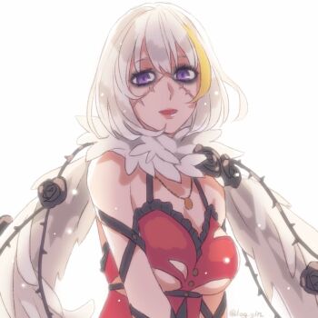 1girl breasts code_vein dress eva_roux highres jewelry large_breasts looking_at_viewer necklace purple_eyes smile tagme torn_clothes underboob