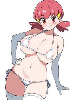 1girl areola_slip bikini blush breasts cleavage closed_mouth collarbone curvy ecgg_(tsuji418477) elbow_gloves gloves hand_on_own_hip highres large_breasts looking_at_viewer micro_bikini navel nintendo pink_hair pokemon pokemon_hgss red_eyes short_twintails simple_background smile solo stomach swimsuit thighhighs twintails white_background white_bikini white_gloves white_thighhighs whitney_(pokemon)