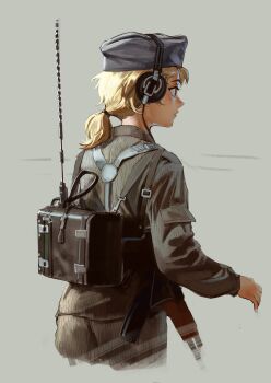 1girl absurdres akm akms assault_rifle backpack bag blonde_hair cropped_legs east_germany female_focus field_radio folding_stock garrison_cap grey_hat gun gun_sling hat headphones headset highres jacket kalashnikov_rifle looking_away military military_jacket military_uniform mpi-kms nationale_volksarmee original ponytail radio radio_antenna rifle solo strap strichtarn tuziki_sang weapon