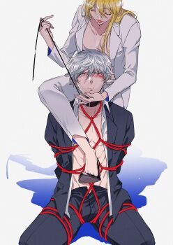 1boy 1girl abs alternate_costume alternate_universe blonde_hair blush business_suit chinese_commentary collar feizhajichu femdom formal_clothes gintama high_heels highres holding holding_leash leash lipstick looking_up makeup open_clothes open_shirt red_eyes sakata_gintoki shibari shibari_over_clothes sitting suit tsukuyo_(gintama) wariza white_background white_hair
