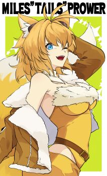 1girl absurdres animal_ear_fluff animal_ears aqua_eyes armpits belt blonde_hair blue_eyes bodysuit bodysuit_under_clothes breasts brown_belt brown_jacket cleavage collared_jacket commentary commission cropped_jacket english_commentary fluffy fluffy_clothes fox_ears fox_tail fur-trimmed_jacket fur_trim furry furry_female genderswap genderswap_(mtf) goggles goggles_on_head green_background highres jacket leotard leotard_under_clothes millie_tails_prower motoiwork multiple_tails one_eye_closed open_clothes open_jacket open_mouth personification second-party_source short_hair shorts simple_background skeb_commission sleeveless sleeveless_bodysuit sonic_(series) tail tails_(sonic) two_tails white_background yellow_bodysuit yellow_leotard yellow_shorts yellow_tail