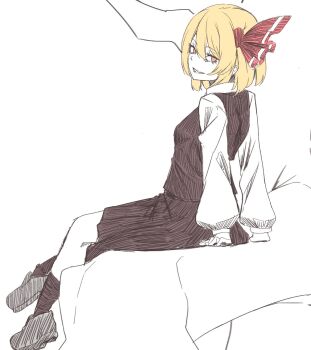 1girl black_skirt black_socks black_vest blonde_hair grey_shoes hair_ribbon highres kanaria_(bcomn) long_sleeves looking_at_viewer looking_back orange_eyes red_ribbon ribbon rumia sharp_teeth shoes short_hair sitting skirt socks solo teeth touhou vest white_background