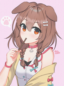 1girl animal_collar animal_ears bone_hair_ornament braid breasts brown_eyes brown_hair cartoon_bone cleavage collar commentary dog_ears dog_girl english_commentary food hair_between_eyes hair_ornament hairclip highres hololive inugami_korone inugami_korone_(1st_costume) jacket long_hair looking_at_viewer low_twin_braids medium_breasts mouth_hold off_shoulder pocky pocky_day red_collar shirt simple_background single_bare_shoulder sleeveless sleeveless_shirt solo spoken_paw_print twin_braids vickie_(cryingrobot) virtual_youtuber yellow_jacket