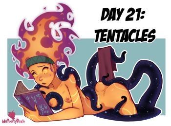 1girl artist_name ass book border breasts collarbone colored_sclera colored_skin commentary completely_nude english_commentary english_text fiery_hair hairband holding holding_book kinktober malberrybush nipples nude open_mouth orange_eyes orange_sclera orange_skin original outline outside_border reading small_breasts solo tentacle_sex tentacles white_border white_outline zara_(malberrybush)