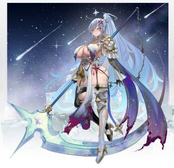 1girl armor asymmetrical_legwear black_gloves blue_hair boots border breast_curtains breasts chain cleavage closed_mouth clothing_cutout commentary commission english_commentary floating frayed_clothes from_side gloves gradient_background hair_ornament halo high_heels high_ponytail highres holding holding_scythe huge_weapon large_breasts leg_cutout long_hair long_legs long_sidelocks long_sleeves looking_at_viewer mismatched_legwear no_bra no_panties original pelvic_curtain ponytail revealing_clothes scythe shiny_skin shooting_star shoulder_armor sideboob sidelocks skeb_commission sky solo space star_(sky) star_(symbol) star_hair_ornament starry_sky starry_sky_background swept_bangs teddypocky thick_thighs thigh_boots thighs very_long_hair weapon white_border white_halo yellow_eyes