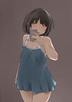 1girl breasts brown_background brown_hair camisole cleavage holding holding_phone jimiko kirinama01 looking_at_viewer original phone small_breasts standing sweat