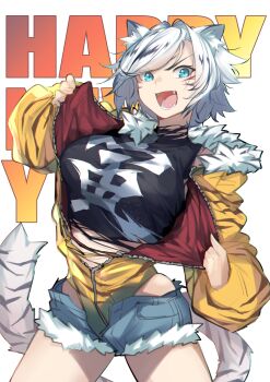 1girl animal_ear_fluff animal_ears animal_print arm_up black_shirt blue_eyes blue_shorts breasts chinese_zodiac commentary_request contrapposto cowboy_shot cropped_shirt english_text facial_mark fangs fur-trimmed_jacket fur-trimmed_shorts fur_trim grey_hair hair_intakes happy_new_year highres holding holding_jacket holding_unworn_clothes jacket kamatpit large_breasts leotard leotard_under_clothes long_sleeves looking_at_viewer midriff_peek multicolored_hair new_year open_clothes open_fly open_mouth open_shorts original parted_bangs partially_unzipped print_shirt puffy_long_sleeves puffy_sleeves shirt short_hair short_shorts shorts skindentation sleeved_leotard solo standing streaked_hair tail text_background tiger_ears tiger_girl tiger_print tiger_tail torn_clothes torn_shirt two-sided_fabric two-sided_jacket unworn_jacket v-shaped_eyebrows whisker_markings white_background white_hair year_of_the_tiger yellow_jacket