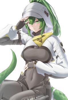 1girl absurdres arknights arknights:_endfield arm_up black_bodysuit black_gloves bodysuit clothes_writing commentary_request covered_navel fingerless_gloves fluorite_(arknights) gloves green_eyes green_hair green_tail hair_between_eyes hair_ornament hairclip highres hood hood_up long_hair long_sleeves looking_at_viewer nyo_(fy_1) parted_lips partial_commentary simple_background snake_girl snake_tail solo tail white_background white_hood