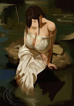 1girl absurdres bare_shoulders black_hair breasts cleavage cleavage_cutout closed_mouth clothing_cutout dress hair_bun hair_over_one_eye highres large_breasts nature original outdoors sidelocks sitting solo strapless strapless_dress tnr_(horiko1525) wading water white_dress