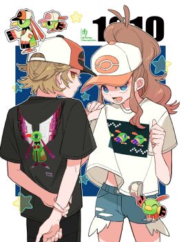 1boy 1girl arms_behind_back baseball_cap black_shirt blue_eyes brown_eyes brown_hair character_print chikafuji cowboy_shot denim denim_shorts exposed_pocket gen_2_pokemon hat high_ponytail highres hilbert_(pokemon) hilda_(pokemon) looking_at_viewer natu nintendo outline pokemon pokemon_(creature) pokemon_bw ponytail shirt shorts smile star_(symbol) white_outline white_shirt xatu