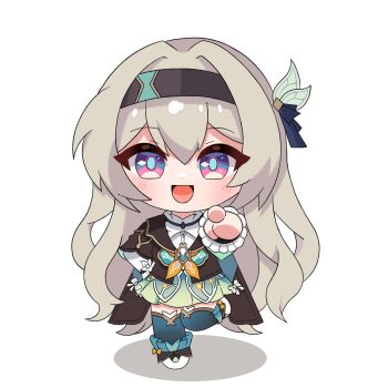 1girl aqua_dress aqua_thighhighs blue_ribbon blush brown_hairband brown_jacket collared_dress cropped_jacket dress firefly_(honkai:_star_rail) green_pupils grey_hair hair_between_eyes hair_intakes hair_ornament hair_ribbon hairband highres honkai:_star_rail honkai_(series) jacket long_hair multicolored_eyes neckerchief open_mouth orange_neckerchief pointing pointing_at_viewer ppodol0905 ribbon simple_background smile solo thighhighs white_background