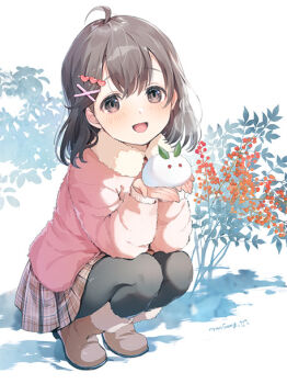 1girl black_hair black_pantyhose blush boots commentary_request hair_ornament leaf looking_at_viewer nyan5000 open_mouth original pantyhose pleated_skirt short_hair skirt smile snow snow_rabbit winter_clothes