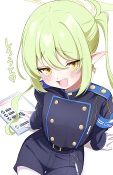 Rule 34 | 1girl, :d, absurdres, armband, arms at sides, belt, black belt, black jacket, black shorts, blue archive, blue armband, blush, buttons, commentary request, cowboy shot, double-breasted, earrings, fang, furrowed brow, gloves, green hair, green halo, hair between eyes, halo, heart, highres, jacket, jewelry, long hair, long sleeves, looking at viewer, no headwear, nozomi (blue archive), open mouth, pointy ears, rei hinasuki, shorts, sidelocks, simple background, sitting, skin fang, smile, smug, solo, tablet pc, thigh gap, translation request, tsurime, twintails, upturned eyes, white background, white gloves, yellow eyes