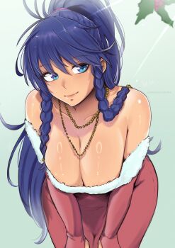 1girl alternate_costume artist_name bare_shoulders blue_eyes blue_hair braid breasts christmas cleavage closed_mouth collarbone commentary commission dress english_commentary fire_emblem fire_emblem:_the_sacred_stones hands_on_own_thighs highres jewelry large_breasts leaning_forward long_hair mistletoe necklace nintendo off-shoulder_dress off_shoulder ponytail red_dress smile solo tana_(fire_emblem) twin_braids very_long_hair vialnite