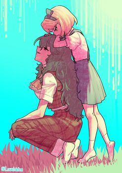 Rule 34 | absurdres, alice margatroid, alice margatroid (pc-98), arm on own leg, artist name, blonde hair, blue background, blue hairband, blue ribbon, blue skirt, blush, breasts, collared shirt, commentary request, crying, crying with eyes open, curly hair, frilled neckerchief, grass, green hair, hair ribbon, hairband, hands on another's head, height difference, highres, kazami yuuka, kazami yuuka (pc-98), korean commentary, long hair, looking up, lovelobten, medium hair, neckerchief, open mouth, pants, plaid clothes, plaid pants, plaid vest, pleated skirt, puffy short sleeves, puffy sleeves, red eyes, red pants, red vest, ribbon, shirt, short sleeves, sitting, skirt, smile, socks, suspender skirt, suspenders, tears, touhou, touhou (pc-98), twitter username, vest, white shirt, white socks, yellow eyes, yellow neckerchief