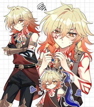 1boy 4k10r1 :< aged_down arm_tattoo armlet black_pants black_shirt blonde_hair braiding_hair cheek_tattoo chest_tattoo closed_mouth crossed_arms earrings gauntlets gold_armlet gold_earrings gold_necklace gradient_hair grid_background hair_between_eyes hair_intakes hairdressing hands_in_own_hair highres holding_tentacle honkai:_star_rail honkai_(series) jewelry long_hair looking_at_viewer male_focus multicolored_hair multiple_views mydei_(a_trail_of_bygone_blood)_(honkai:_star_rail) mydei_(honkai:_star_rail) necklace one_eye_closed orange_hair pants red_shirt red_tattoo shirt single_gauntlet squiggle tattoo tentacles white_background yellow_eyes