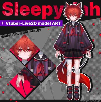 1boy animal_ear_fluff animal_ears artist_name bandage_on_cheek bandage_on_face bandage_on_leg bandage_on_neck bandages black_background blood bruise english_text expressionless fox_boy fox_ears freckles grey_background highres indie_virtual_youtuber injury large_tail looking_at_viewer profile puffy_sleeves purple_shirt red_eyes red_hair reference_sheet sailor_collar shirt shoes short_hair shorts simple_background sleepyxah_(vtuber) solo ssoda strap tail text_background virtual_youtuber watermark wrist_straps