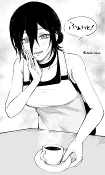 1girl apron chainsaw_man choker commentary_request cup greyscale hair_between_eyes hair_bun highres looking_at_viewer madaosw medium_hair monochrome open_mouth reze_(chainsaw_man) saucer solo speech_bubble table tank_top teacup translation_request twitter_username