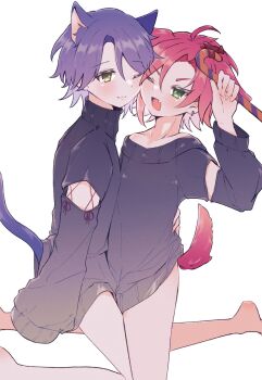 2boys animal_ears barefoot black_sweater candy candy_cane cat_boy cat_ears cat_tail closed_mouth clothing_cutout commentary_request dog_boy dog_ears dog_tail fang food green_eyes hand_on_another&#039;s_back hand_up highres holding holding_candy holding_candy_cane holding_food idol_time_pripara kemonomimi_mode kneeling long_sleeves looking_at_viewer male_focus mitaka_asahi multiple_boys no_pants one_eye_closed open_mouth pretty_series pripara purple_hair red_hair short_hair shoulder_cutout simple_background smile sweater tail takase_koyoi white_background yaoi yuno_(yu0u0_ppp)