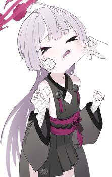 >_< 1girl 1other absurdres bandaged_arm bandages bare_shoulders bell black_nails blue_archive cheek_pinching commentary cowboy_shot fangs flat_chest gauze gauze_on_cheek grey_hair halo highres japanese_clothes jingle_bell long_hair obi pinching purple_sash ramyun_(shcks97) sash shuro_(blue_archive) sideless_kimono simple_background solo_focus white_background