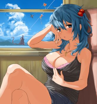 1girl ahoge aircraft airplane bare_shoulders black_shirt blouse blue_eyes blue_hair bra bra_pull breasts clothes_pull cloud collar collarbone crossed_legs crossover daiei_film day explosion flippers flying gamera gamera_(series) gamera_3:_revenge_of_iris godzilla godzilla_(series) godzilla_(shin) hair_between_eyes hair_bobbles hair_ornament highres kawashiro_nitori key lace lace-trimmed_bra lace_trim large_breasts laser legs long_hair looking_at_viewer megame_(okbnkn) messy_hair mountain multiple_crossover pink_bra shin_godzilla shirt shirt_pull shorts sitting sky solo tank_top thighs toho touhou train_interior two_side_up underwear water