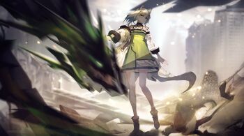 Rule 34 | 1girl, animal ear fluff, animal ears, arknights, arm at side, black boots, boots, bright pupils, city, commentary request, dress, full body, green dress, highres, infection monitor (arknights), jacket, jewelry, kal'tsit (arknights), kirsos, looking at viewer, material growth, mon3tr (arknights), open clothes, open jacket, oripathy lesion (arknights), outdoors, outstretched arm, ring, ruins, see-through clothes, see-through jacket, short hair, solo, standing, standing on one leg, turning head, white hair, white pupils, wrist belt, yellow eyes