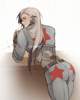 1boy artist_name ass belt black_hair blue_pants boothill_(honkai:_star_rail) brown_belt closed_mouth commentary cropped_jacket cup denim denim_jacket ear_piercing earrings english_commentary feet_out_of_frame grey_hair highres holding holding_cup honkai:_star_rail honkai_(series) jacket jeans jewelry long_hair looking_back luciidkatt male_focus mole mole_under_eye multiple_earrings pants parted_hair piercing red_star sharp_teeth shell_casing smile solo star_(symbol) teeth watermark