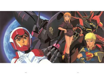1990s_(style) 1girl 2boys absurdres bawoo blonde_hair earth_(planet) elpeo_puru glemy_toto gundam gundam_zz highres judau_ashta kitazume_hiroyuki magazine_scan mecha mecha_pilot_suit military_uniform mobile_suit multiple_boys neo_zeon orange_hair planet qubeley_mk_ii retro_artstyle robot roundel scan science_fiction space traditional_media zero_gravity