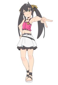 1girl 4uys ;) bare_legs black_hair blush_stickers closed_mouth commentary_request crop_top double-parted_bangs full_body hand_on_own_hip heart heart_necklace highres idolmaster idolmaster_cinderella_girls idolmaster_cinderella_girls_u149 jewelry long_hair looking_at_viewer matoba_risa midriff miniskirt navel necklace one_eye_closed outstretched_arm simple_background skirt smile solo standing twintails v v-shaped_eyebrows white_background white_skirt yellow_eyes