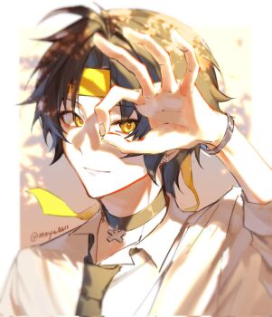 Rule 34 | 1boy, arm up, asaba harumasa, black choker, black hair, black necktie, bracelet, choker, closed mouth, earrings, hashtag-only commentary, headband, highres, jewelry, light smile, looking at viewer, male focus, moyu0211, necktie, ok sign, ok sign over eye, parted bangs, pendant choker, portrait, shadow, shirt, short hair, solo, twitter username, white shirt, yellow eyes, yellow headband, zenless zone zero