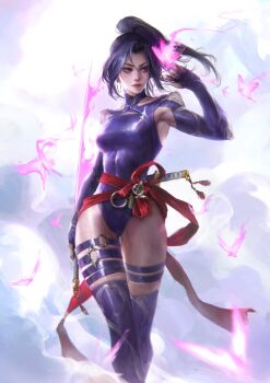 1girl black_hair breasts commentary earrings elbow_gloves gloves highleg highleg_leotard highres holding holding_weapon jewelry large_breasts leotard long_hair looking_at_viewer marvel marvel_rivals ponytail psylocke psylocke_(vengeance) purple_eyes purple_leotard sash solo superhero_costume sword thedurianart thighhighs weapon x-men