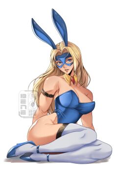 1girl animal_ears arm_belt beneceadraws blonde_blazer blonde_hair blue_eyes blue_leotard blue_mask blue_shoes commentary detached_collar dispatch domino_mask english_commentary eye_mask fake_animal_ears leotard long_hair looking_at_viewer mask pantyhose parted_lips playboy_bunny rabbit_ears shoes simple_background sitting solo strapless strapless_leotard white_background white_pantyhose yokozuwari