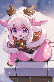 1girl animal_ears animal_nose antlers bell black_leotard black_thighhighs bow braid capelet chimney commentary_request dated deer_ears flying_sweatdrops fur-trimmed_capelet fur_trim furry furry_female green_bow highres horns kishibe leotard light_blush long_hair multicolored_leotard neck_bell open_mouth original outdoors pear-shaped_figure pink_eyes pink_fur raised_eyebrows red_bow red_capelet red_leotard reindeer_antlers reindeer_girl signature smile snow snowing solo stuck thick_thighs thighhighs thighs tona_(kishibe) two-tone_bow two-tone_fur two-tone_leotard wavy_mouth white_fur white_hair wide_hips winter