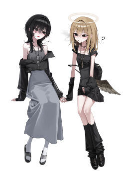 2girls ? absurdres arm_warmers ashal_(mansu) bags_under_eyes black_arm_warmers black_eyes black_hair black_leg_warmers blonde_hair breasts broken_halo cigarette commentary_request cut-here_line dress fallen_angel grey_dress hair_between_eyes halo heart highres invisible_chair jacket leg_warmers long_hair looking_at_another low_wings mamiya_yuu_(mansu) mansu_(mansu113355) multiple_girls neck_tattoo off_shoulder original pleated_skirt scissor_tattoo single_wing sitting skirt small_breasts smoking tattoo traditional_halo wings yuri