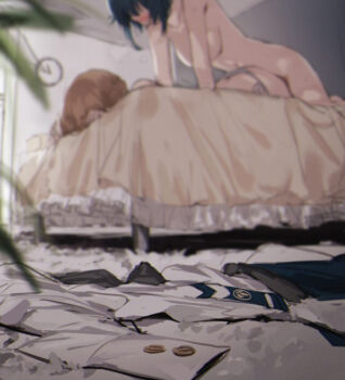 1futa 1girl aizawa_kazuha assault_lily black_hair blurry blush bone breasts brown_hair carpet clock completely_nude depth_of_field futa_with_female futanari iijima_renka implied_futanari indoors medium_breasts nude on_bed orihi_chihiro panties sex sex_from_behind shirt underwear unworn_shirt white_shirt yuri