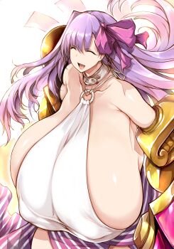 1girl breasts closed_eyes collar dress eyelashes fate_(series) female_focus gigantic_breasts hair_ribbon long_hair open_mouth passionlip_(fate) purple_hair purple_ribbon ribbon shiny_skin sideboob smile solo tsukasawa_takamatsu white_background white_dress