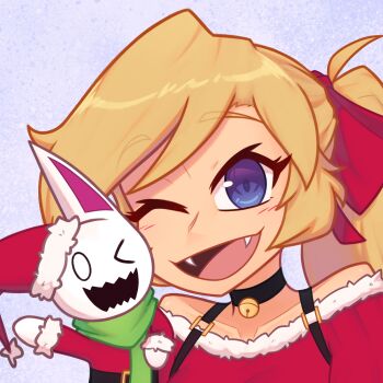 Rule 34 | 1girl, 1other, artist self-insert, bell, belt, belt buckle, black belt, black choker, blonde hair, blue eyes, bow, buckle, choker, christmas, close-up, coat, commentary, dress, english commentary, fangs, fur trim, green scarf, hair bow, hand puppet, hat, highres, long hair, long sleeves, neck bell, nelly (xyronii), one eye closed, open mouth, original, pointy ears, ponytail, portrait, profile picture, puppet, red bow, red coat, red dress, red hat, santa hat, scarf, smile, waving, xyronii